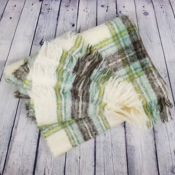 Plaid mohair fringe throw blanket